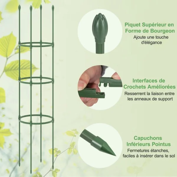2 Treillis Obélisque de Jardin pour Plantes Support pour Plantes Grimpantes en Métal Réglable de 143 cm de Haut Cage et Supports 2 en 1 Vert