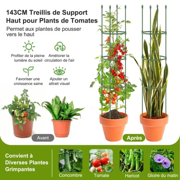 2 Treillis Obélisque de Jardin pour Plantes Support pour Plantes Grimpantes en Métal Réglable de 143 cm de Haut Cage et Supports 2 en 1 Vert