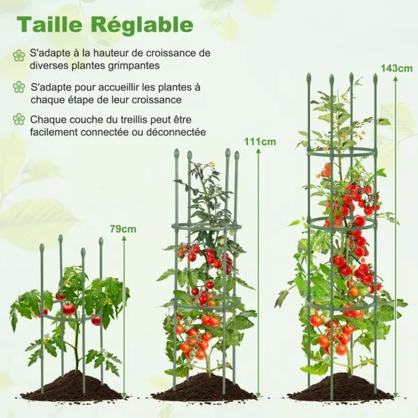 2 Treillis Obélisque de Jardin pour Plantes Support pour Plantes Grimpantes en Métal Réglable de 143 cm de Haut Cage et Supports 2 en 1 Vert