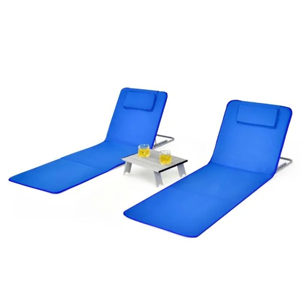 2 x Matelas de Plage Pliables et Table d'Appoint 151 x 51,5 x 27-47 CM Tapis de Plage avec Dossier Réglable Coloré/Blru/Bleu et Vert