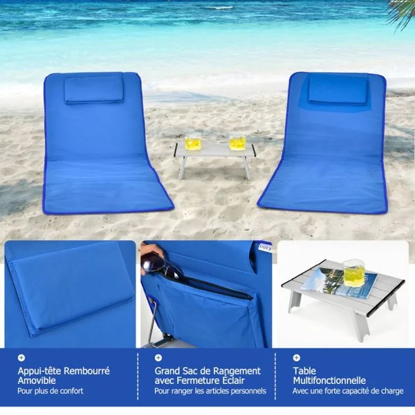 2 x Matelas de Plage Pliables et Table d'Appoint 151 x 51,5 x 27-47 CM Tapis de Plage avec Dossier Réglable Coloré/Blru/Bleu et Vert
