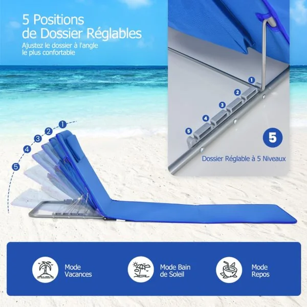 2 x Matelas de Plage Pliables et Table d'Appoint 151 x 51,5 x 27-47 CM Tapis de Plage avec Dossier Réglable Coloré/Blru/Bleu et Vert