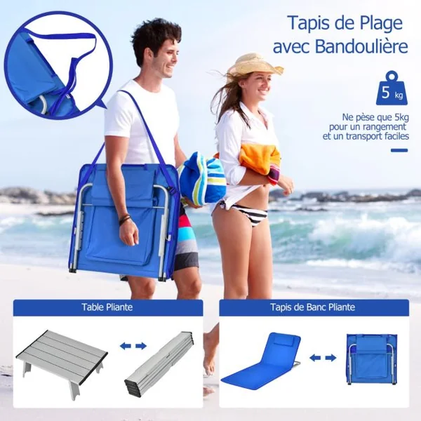 2 x Matelas de Plage Pliables et Table d'Appoint 151 x 51,5 x 27-47 CM Tapis de Plage avec Dossier Réglable Coloré/Blru/Bleu et Vert