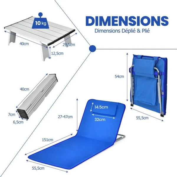 2 x Matelas de Plage Pliables et Table d'Appoint 151 x 51,5 x 27-47 CM Tapis de Plage avec Dossier Réglable Coloré/Blru/Bleu et Vert