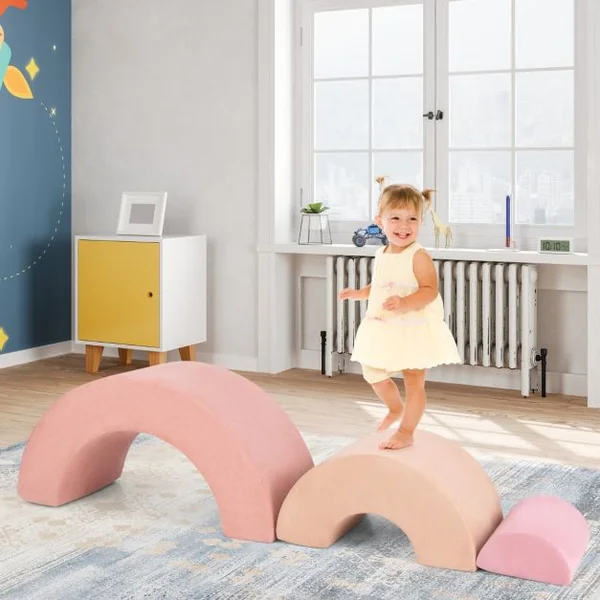 3 Blocs de Mousse pour Bébé Jouets d'escalade Equipement de Jeu d'Intérieur Doux avec Rembourrage Elastique Arche et Tunnel Rampant Rose/Gris