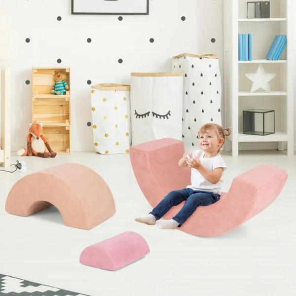 3 Blocs de Mousse pour Bébé Jouets d'escalade Equipement de Jeu d'Intérieur Doux avec Rembourrage Elastique Arche et Tunnel Rampant Rose/Gris