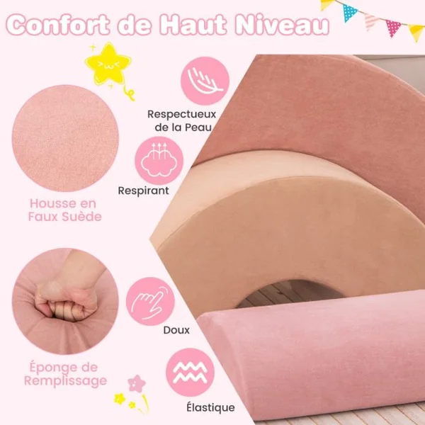 3 Blocs de Mousse pour Bébé Jouets d'escalade Equipement de Jeu d'Intérieur Doux avec Rembourrage Elastique Arche et Tunnel Rampant Rose/Gris