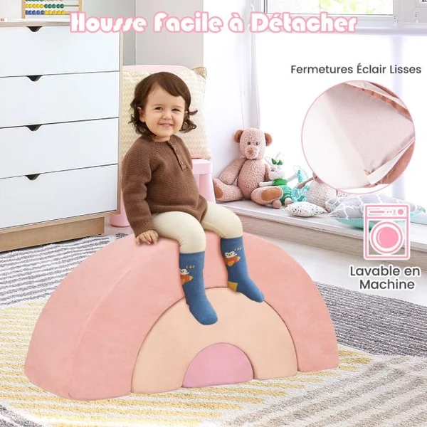 3 Blocs de Mousse pour Bébé Jouets d'escalade Equipement de Jeu d'Intérieur Doux avec Rembourrage Elastique Arche et Tunnel Rampant Rose/Gris