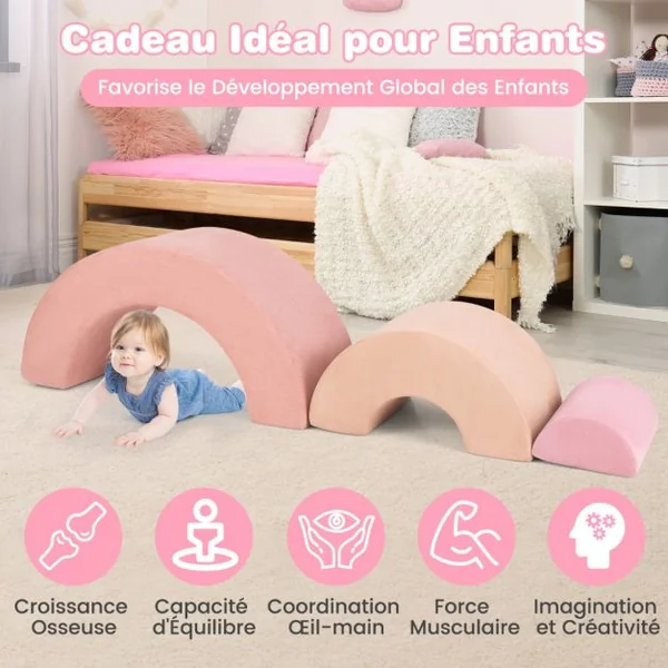 3 Blocs de Mousse pour Bébé Jouets d'escalade Equipement de Jeu d'Intérieur Doux avec Rembourrage Elastique Arche et Tunnel Rampant Rose/Gris