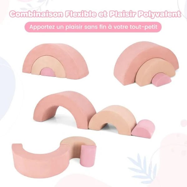 3 Blocs de Mousse pour Bébé Jouets d'escalade Equipement de Jeu d'Intérieur Doux avec Rembourrage Elastique Arche et Tunnel Rampant Rose/Gris