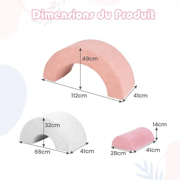 3 Blocs de Mousse pour Bébé Jouets d'escalade Equipement de Jeu d'Intérieur Doux avec Rembourrage Elastique Arche et Tunnel Rampant Rose/Gris