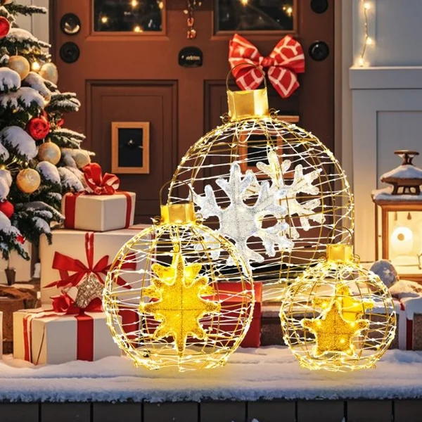 3 Boules Lanterne Pré-éclairées Décorations de Noël à Suspendre 732 Lumières LED Lumineuses Attaches Zippées et Piquets de Sol