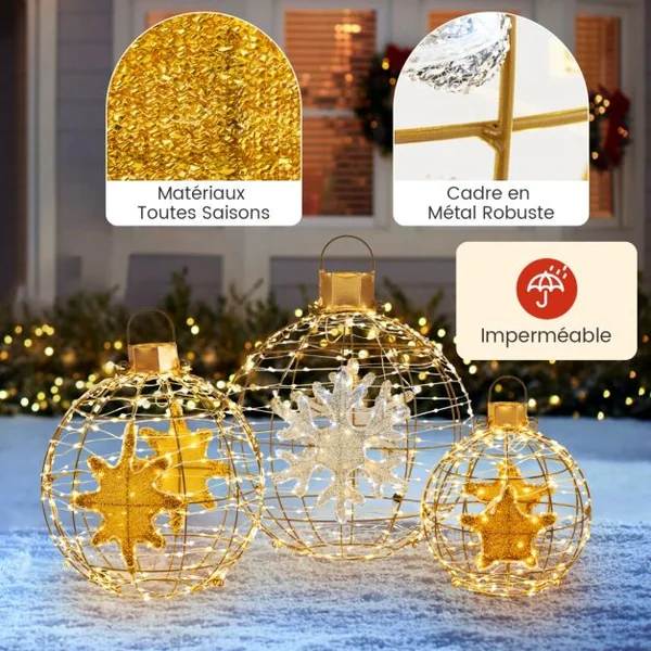 3 Boules Lanterne Pré-éclairées Décorations de Noël à Suspendre 732 Lumières LED Lumineuses Attaches Zippées et Piquets de Sol