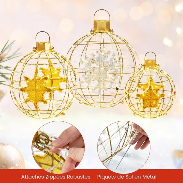 3 Boules Lanterne Pré-éclairées Décorations de Noël à Suspendre 732 Lumières LED Lumineuses Attaches Zippées et Piquets de Sol