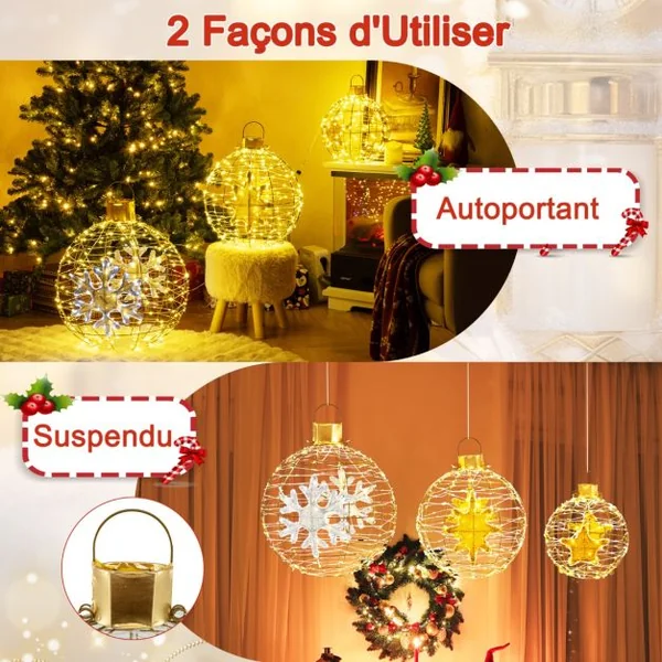 3 Boules Lanterne Pré-éclairées Décorations de Noël à Suspendre 732 Lumières LED Lumineuses Attaches Zippées et Piquets de Sol