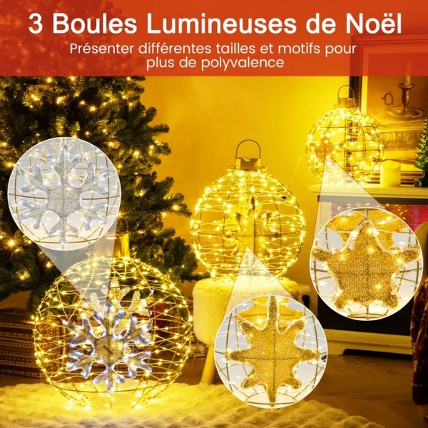 3 Boules Lanterne Pré-éclairées Décorations de Noël à Suspendre 732 Lumières LED Lumineuses Attaches Zippées et Piquets de Sol
