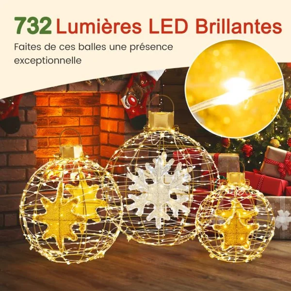 3 Boules Lanterne Pré-éclairées Décorations de Noël à Suspendre 732 Lumières LED Lumineuses Attaches Zippées et Piquets de Sol