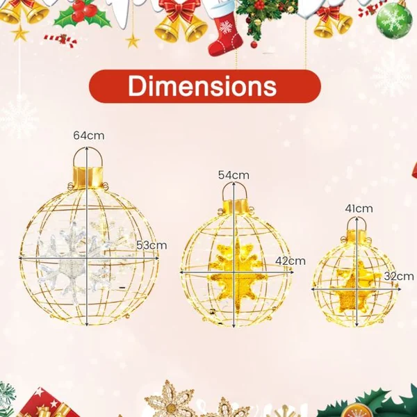3 Boules Lanterne Pré-éclairées Décorations de Noël à Suspendre 732 Lumières LED Lumineuses Attaches Zippées et Piquets de Sol