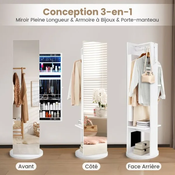 3 en 1 Armoire à Bijoux Pivotante à 360° avec Miroir Pleine Longueur Porte-manteau Arrière et Lumières LED 3 Couleurs Blanc