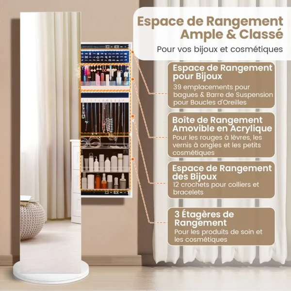 3 en 1 Armoire à Bijoux Pivotante à 360° avec Miroir Pleine Longueur Porte-manteau Arrière et Lumières LED 3 Couleurs Blanc