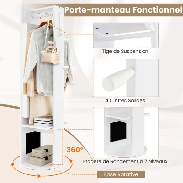 3 en 1 Armoire à Bijoux Pivotante à 360° avec Miroir Pleine Longueur Porte-manteau Arrière et Lumières LED 3 Couleurs Blanc