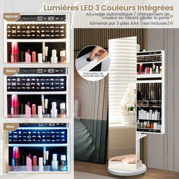 3 en 1 Armoire à Bijoux Pivotante à 360° avec Miroir Pleine Longueur Porte-manteau Arrière et Lumières LED 3 Couleurs Blanc