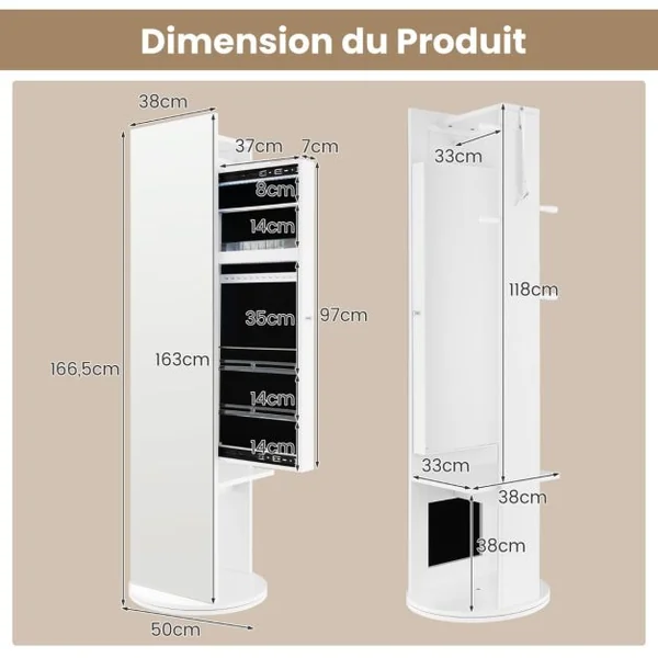 3 en 1 Armoire à Bijoux Pivotante à 360° avec Miroir Pleine Longueur Porte-manteau Arrière et Lumières LED 3 Couleurs Blanc