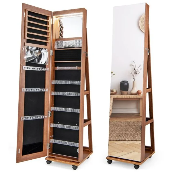 3 en 1 Armoire à Bijoux sur Roulettes Miroir Psyché sans Cadre Lumières LED Étagères Réglables Verrouillable 6 Couleurs au Choix