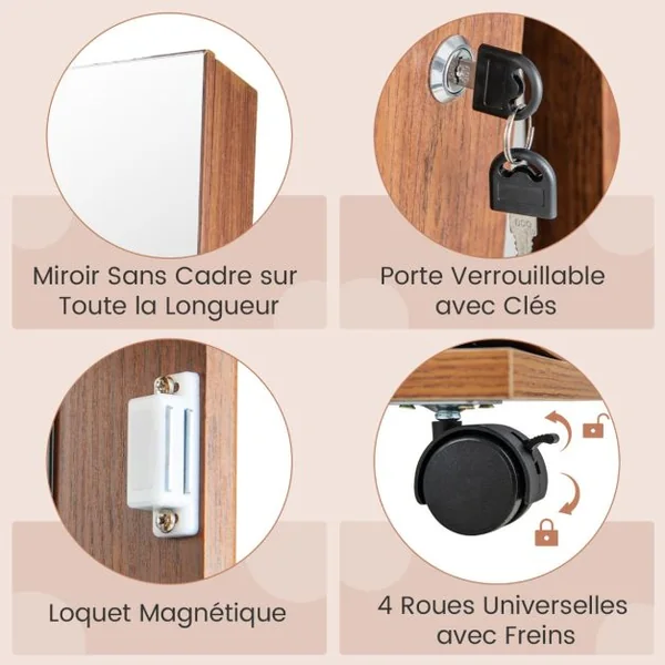 3 en 1 Armoire à Bijoux sur Roulettes Miroir Psyché sans Cadre Lumières LED Étagères Réglables Verrouillable 6 Couleurs au Choix