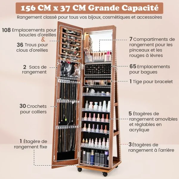 3 en 1 Armoire à Bijoux sur Roulettes Miroir Psyché sans Cadre Lumières LED Étagères Réglables Verrouillable 6 Couleurs au Choix