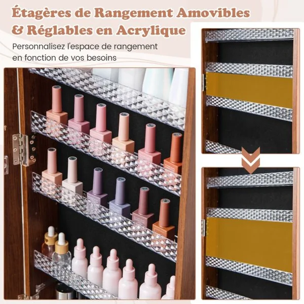3 en 1 Armoire à Bijoux sur Roulettes Miroir Psyché sans Cadre Lumières LED Étagères Réglables Verrouillable 6 Couleurs au Choix