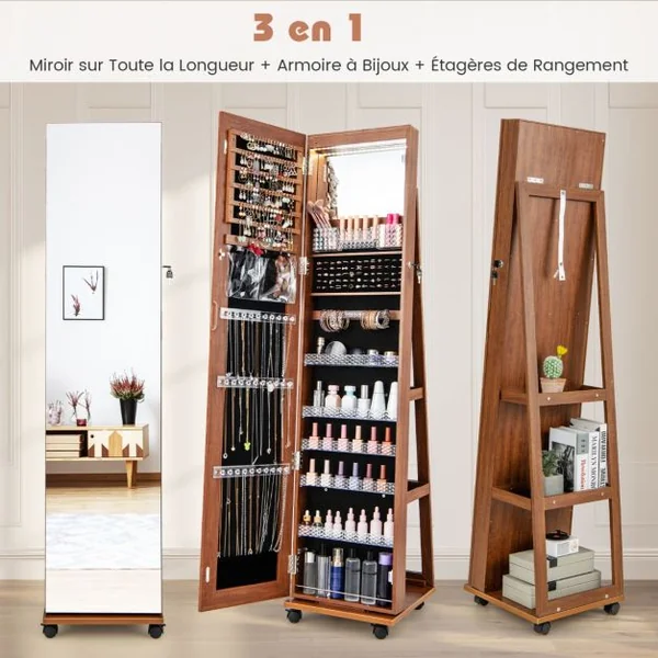 3 en 1 Armoire à Bijoux sur Roulettes Miroir Psyché sans Cadre Lumières LED Étagères Réglables Verrouillable 6 Couleurs au Choix