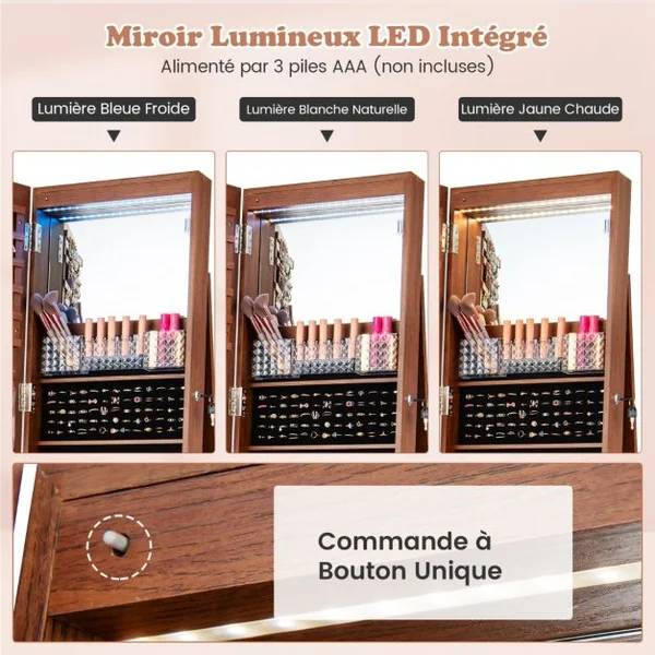 3 en 1 Armoire à Bijoux sur Roulettes Miroir Psyché sans Cadre Lumières LED Étagères Réglables Verrouillable 6 Couleurs au Choix