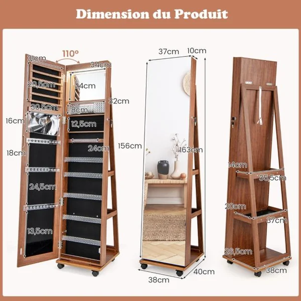 3 en 1 Armoire à Bijoux sur Roulettes Miroir Psyché sans Cadre Lumières LED Étagères Réglables Verrouillable 6 Couleurs au Choix