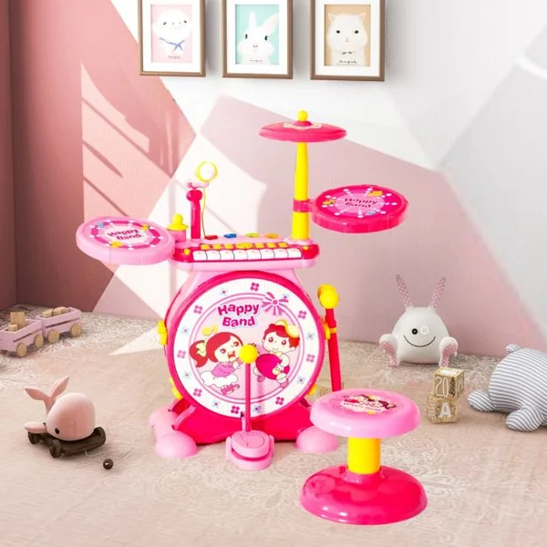 3 en 1 Batterie Électronique pour Enfant Tabouret Microphone Lumières LED MP3 Enregistrement/Lecture Bleu