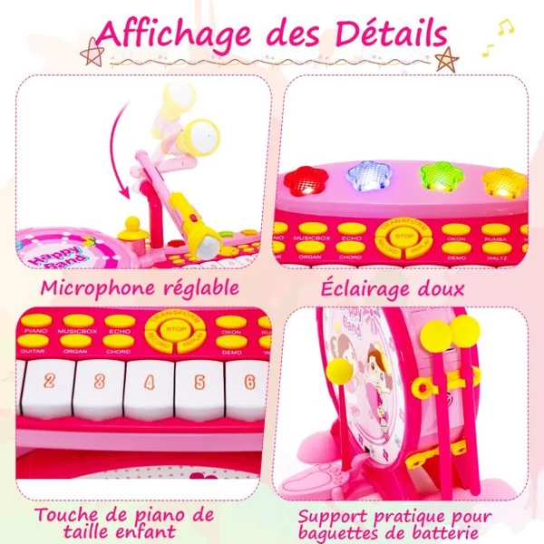 3 en 1 Batterie Électronique pour Enfant Tabouret Microphone Lumières LED MP3 Enregistrement/Lecture Bleu