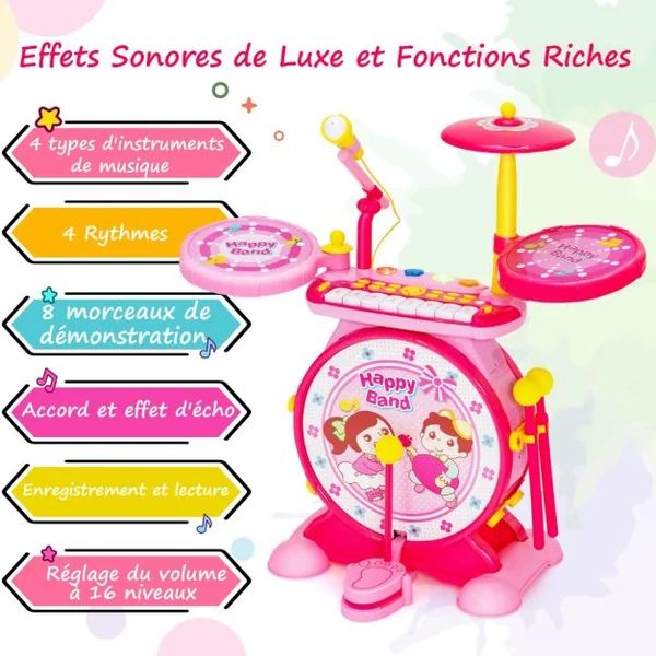 3 en 1 Batterie Électronique pour Enfant Tabouret Microphone Lumières LED MP3 Enregistrement/Lecture Bleu