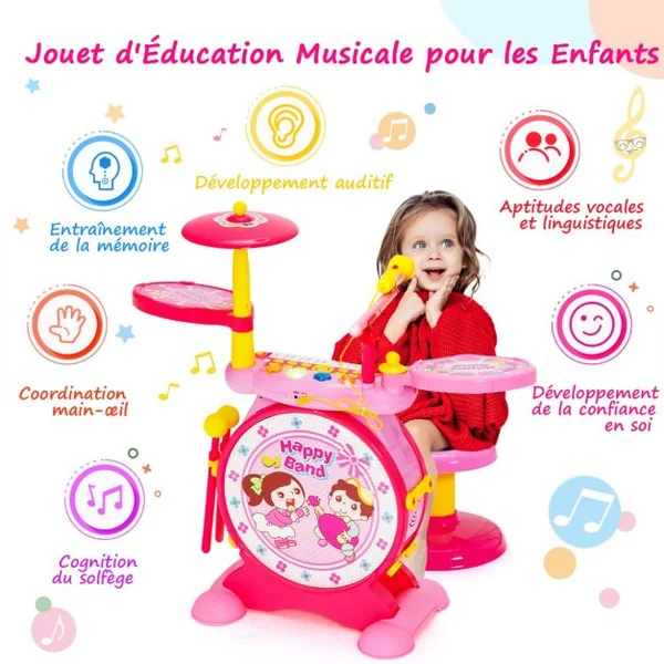 3 en 1 Batterie Électronique pour Enfant Tabouret Microphone Lumières LED MP3 Enregistrement/Lecture Bleu