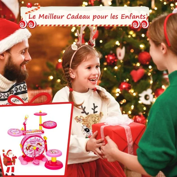 3 en 1 Batterie Électronique pour Enfant Tabouret Microphone Lumières LED MP3 Enregistrement/Lecture Bleu