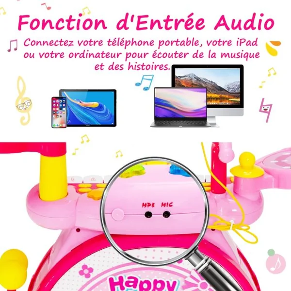 3 en 1 Batterie Électronique pour Enfant Tabouret Microphone Lumières LED MP3 Enregistrement/Lecture Bleu