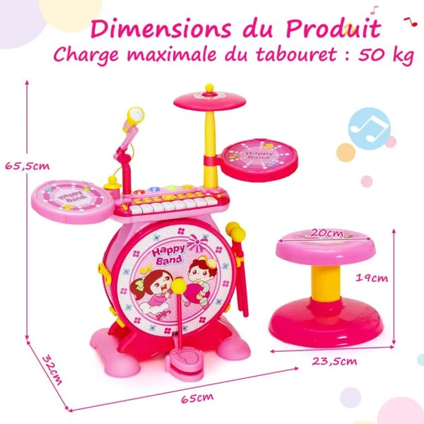3 en 1 Batterie Électronique pour Enfant Tabouret Microphone Lumières LED MP3 Enregistrement/Lecture Bleu