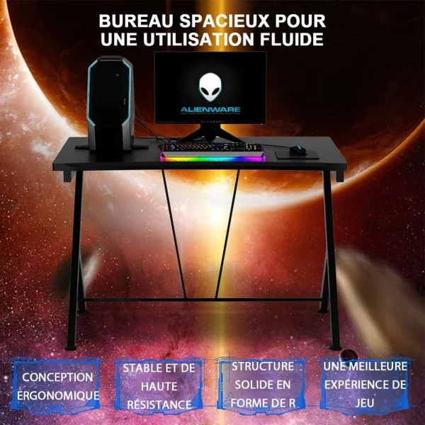 3 en 1 Bureau Gaming 116X75X77 CM Cadre en Métal en Forme de R avec Repose-pieds Réglables Charge 80 KG Style Design