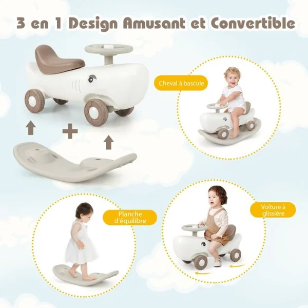 3 en 1 Cheval à Bascule Convertible en Forme Requin avec Planche d'Equilibre Jouet à Bascule avec Basculement 40° Charge 50kg pour 1 An+ Gris Foncé