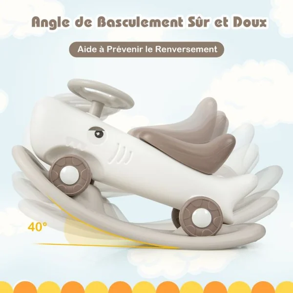 3 en 1 Cheval à Bascule Convertible en Forme Requin avec Planche d'Equilibre Jouet à Bascule avec Basculement 40° Charge 50kg pour 1 An+ Gris Foncé