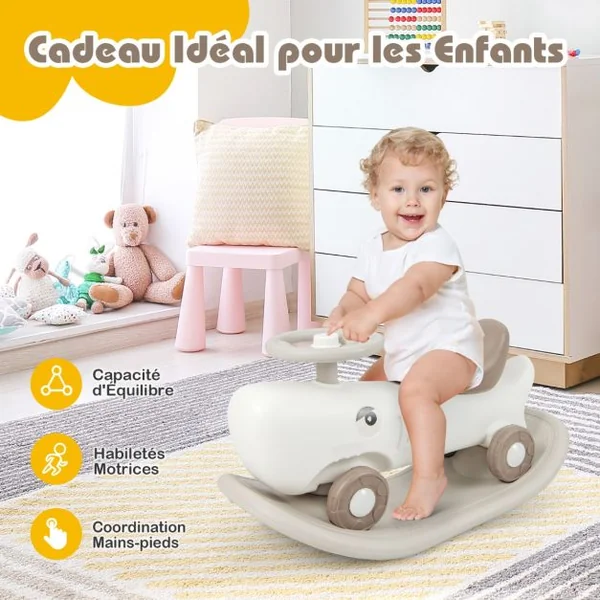 3 en 1 Cheval à Bascule Convertible en Forme Requin avec Planche d'Equilibre Jouet à Bascule avec Basculement 40° Charge 50kg pour 1 An+ Gris Foncé