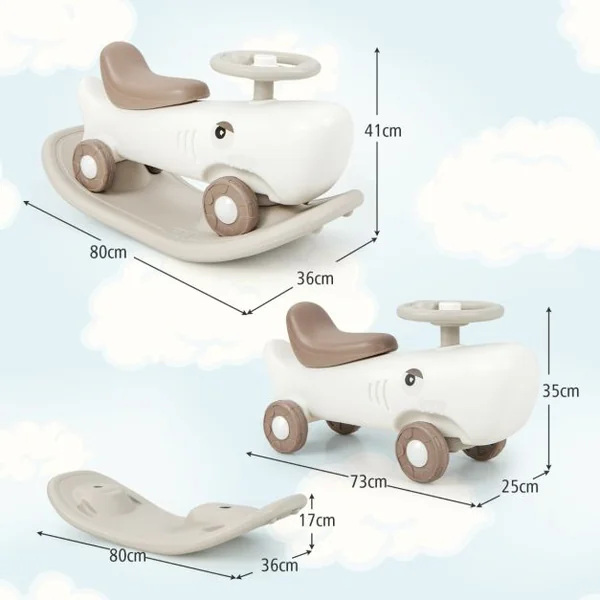 3 en 1 Cheval à Bascule Convertible en Forme Requin avec Planche d'Equilibre Jouet à Bascule avec Basculement 40° Charge 50kg pour 1 An+ Gris Foncé