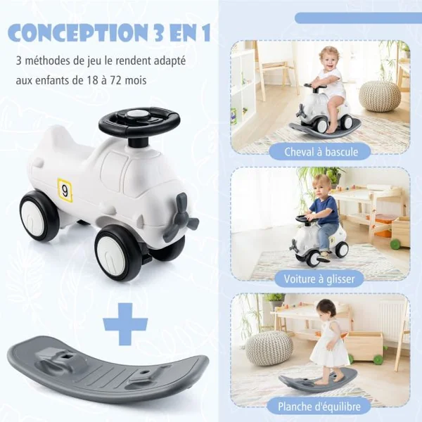 3 en 1 Cheval à Bascule Convertible Enfants en Forme Avion avec Planche d'Equilibre Jouet à Bascule avec Basculement 40° pour Enfants de 18-72 Mois