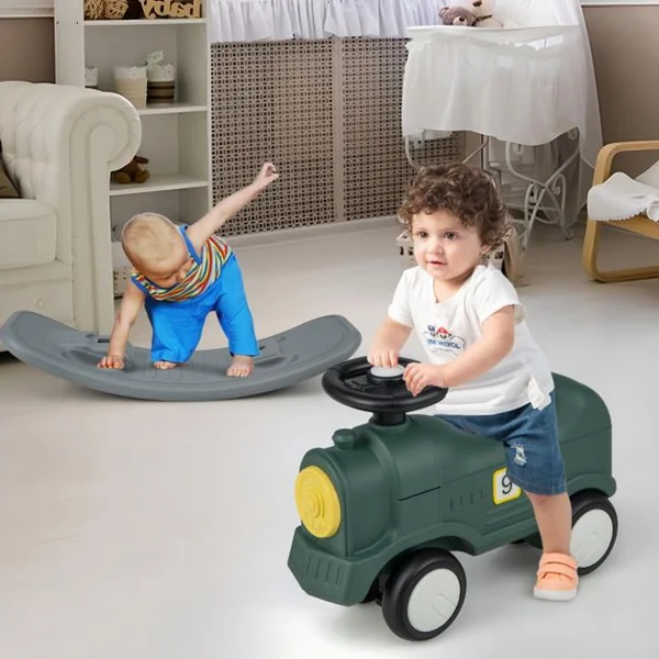 3 en 1 Cheval à Bascule Convertible Enfants en Forme Train avec Planche d'Equilibre Jouet à Bascule avec Basculement 40° Charge 50kg pour Enfants de 18-72 Mois