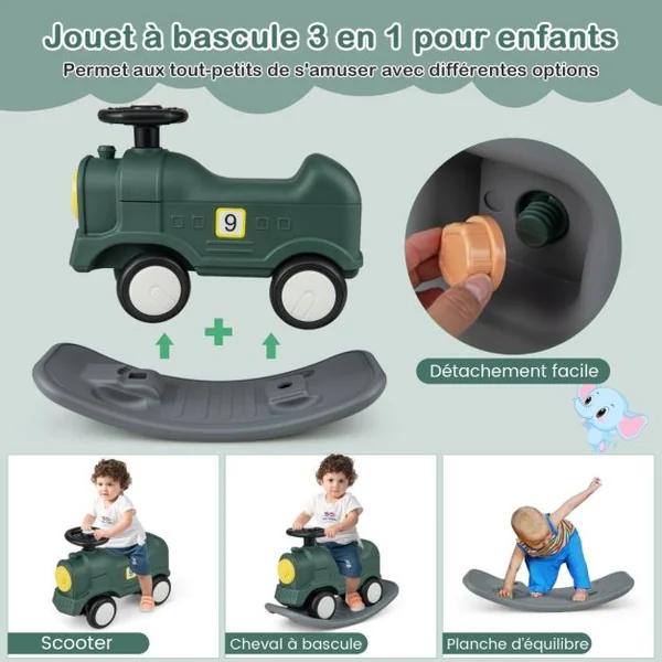 3 en 1 Cheval à Bascule Convertible Enfants en Forme Train avec Planche d'Equilibre Jouet à Bascule avec Basculement 40° Charge 50kg pour Enfants de 18-72 Mois