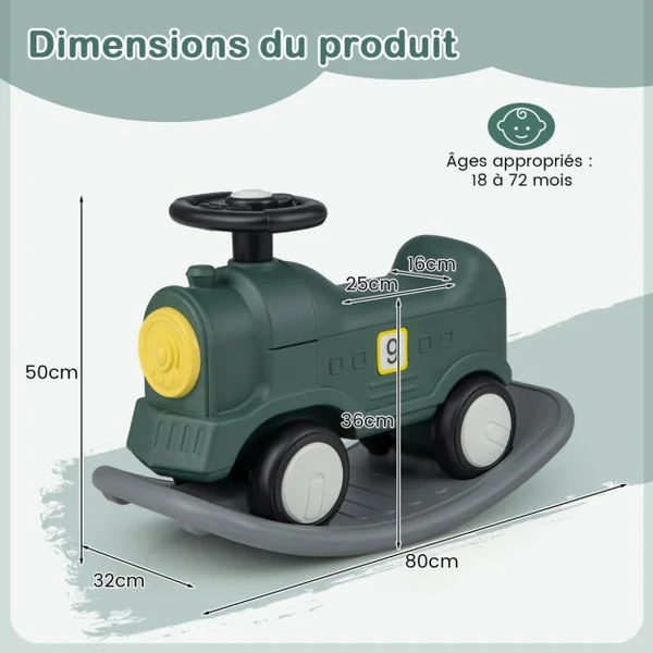 3 en 1 Cheval à Bascule Convertible Enfants en Forme Train avec Planche d'Equilibre Jouet à Bascule avec Basculement 40° Charge 50kg pour Enfants de 18-72 Mois